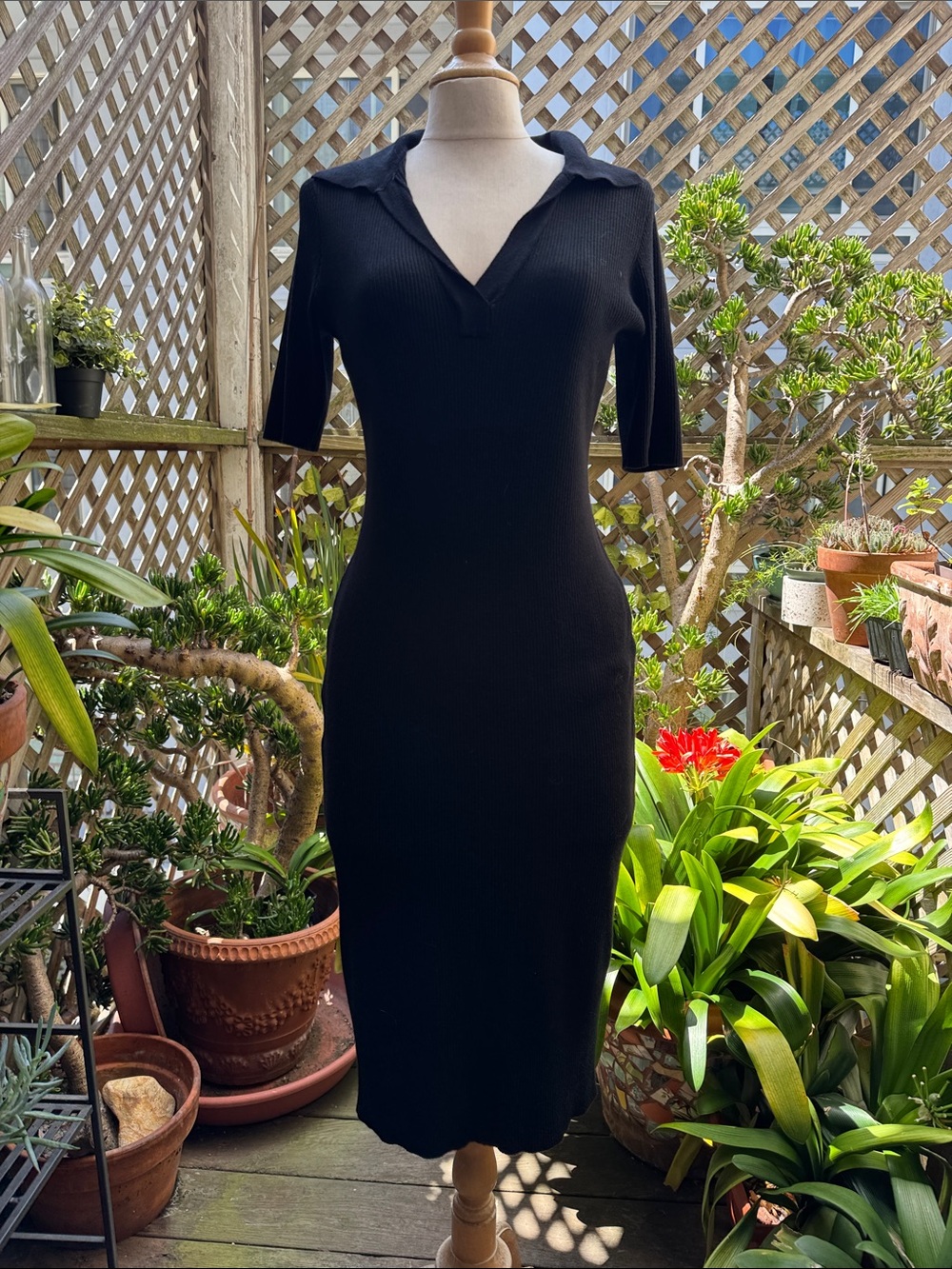 Women's Black Ribbed Polo Midi Dress Size Medium/Large EUC